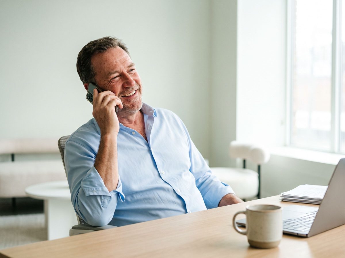 A business owner smiling during a phone call at his desk.