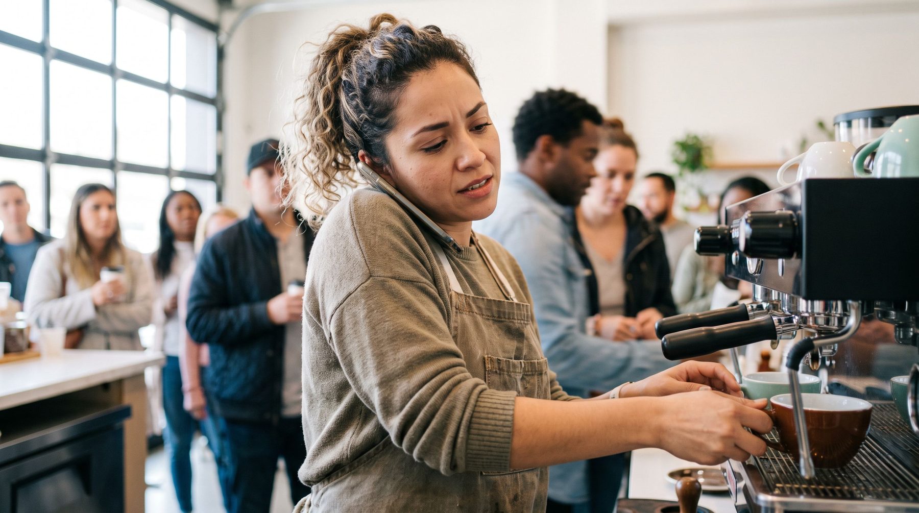 A cafe owner holding a phone to her ear with her shoulder while making drinks, a queue of customers waiting.