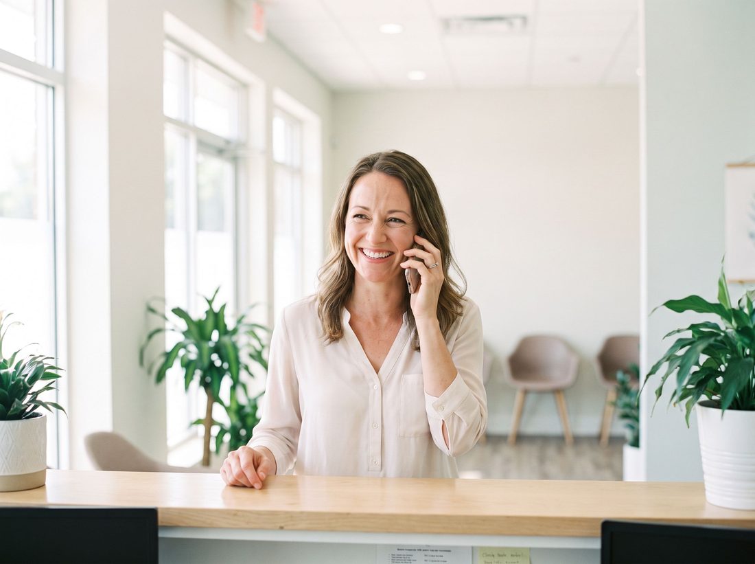 A clinic owner smiling while taking a call at a bright reception desk.