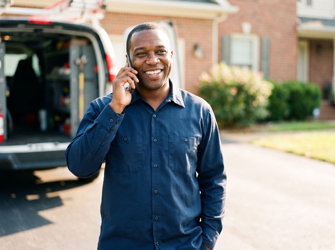A contractor smiling on a phone call beside his service van.