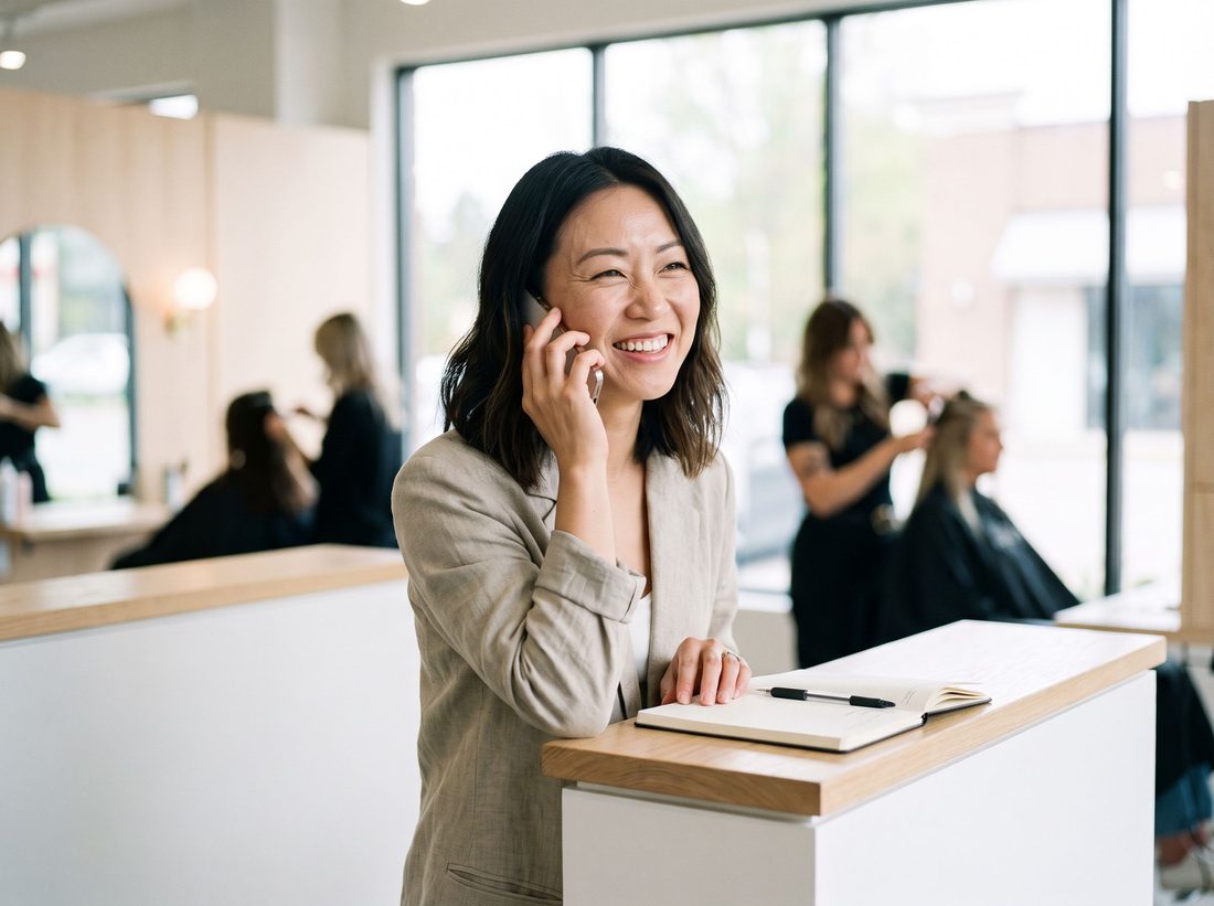 A salon owner smiling while taking a booking call at her reception counter.