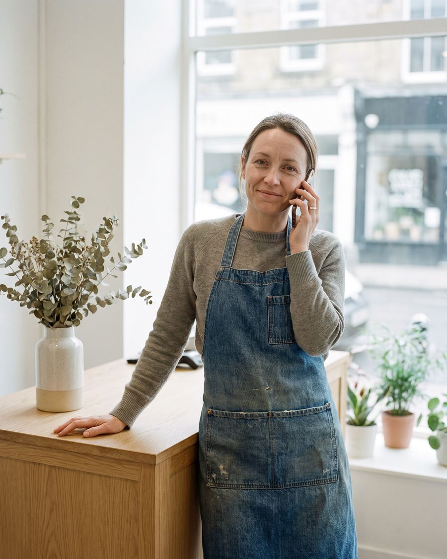 A shop owner taking a call at her counter.